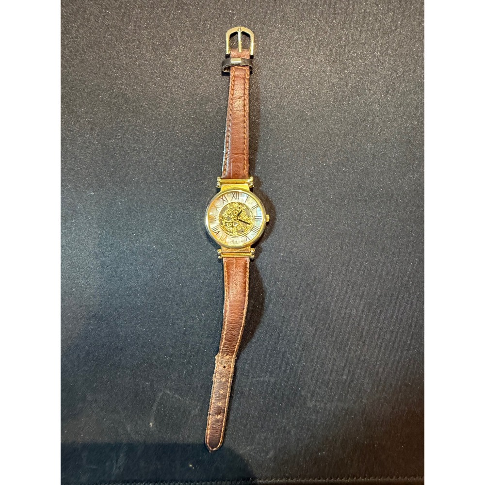 Express LA Skeleton Watch Gold Tone Mother of Pearl Roman Numeral Brown Leather